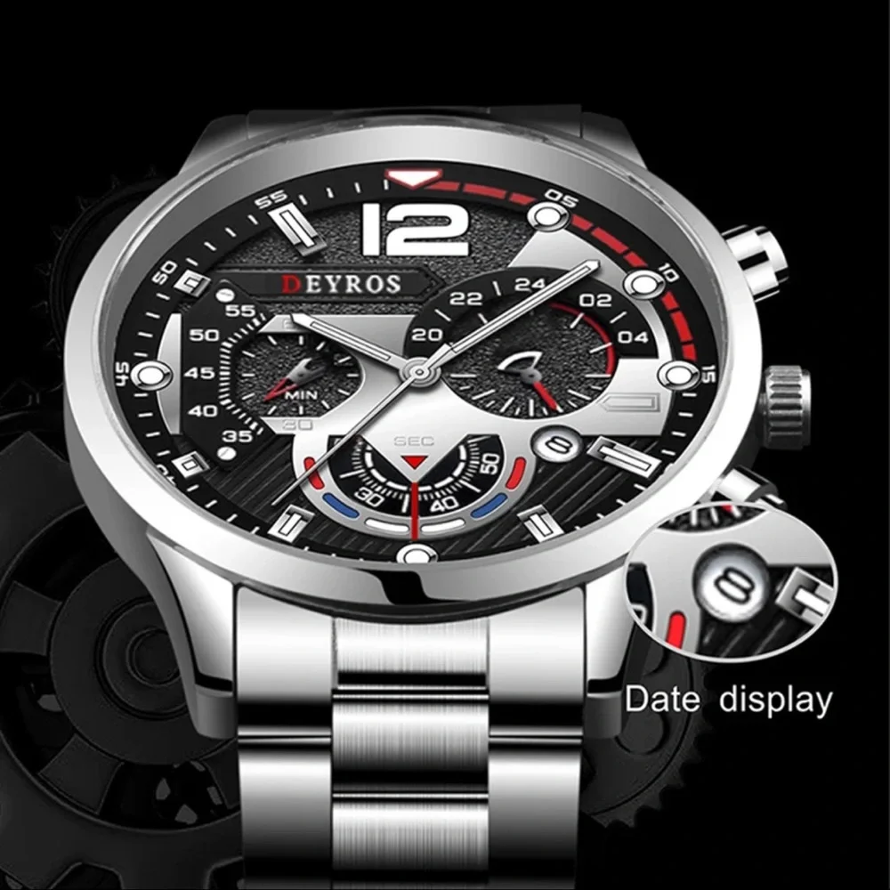 New Silver Chronograph Mens Sport Quartz Waterproof Luxury Stainless Steel Watch - Picture 6 of 13